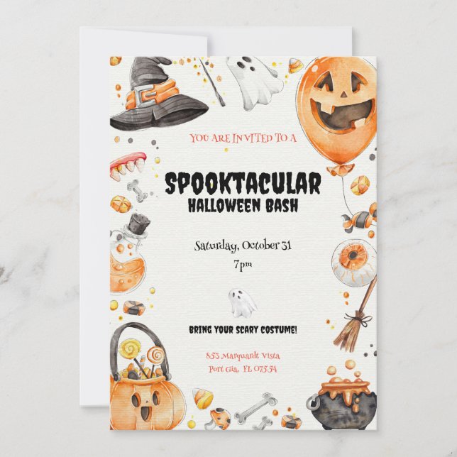Convite Whimsical Watercolor 'Spooktacular' Halloween (Frente)