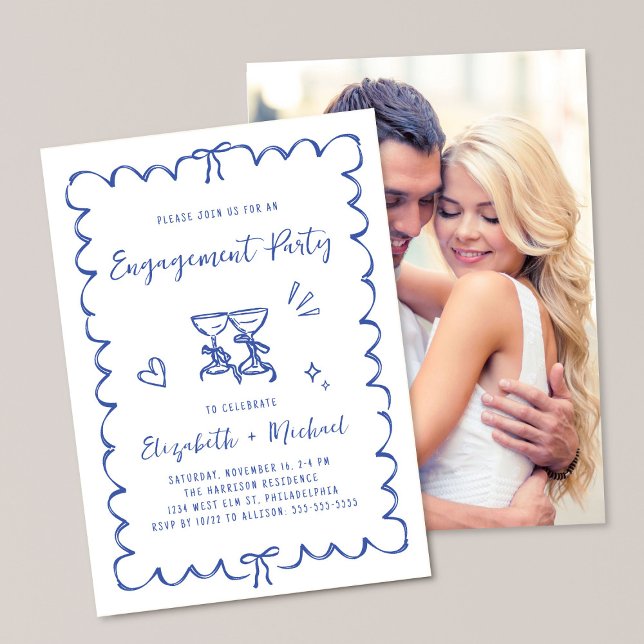 Convite Whimsical Wavy Frame Blue Photo Engagement Party (Criador carregado)