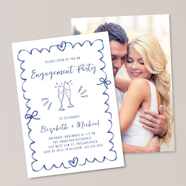 Convite Whimsical Wavy Frame Blue Photo Engagement Party (Criador carregado)