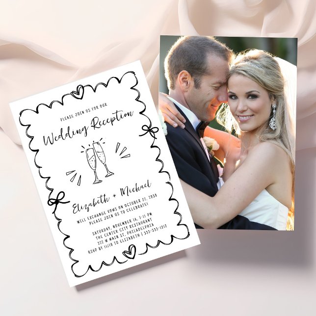 Convite Whimsical Wavy Frame Photo Wedding Reception (Whimsical Wavy Frame Photo Wedding Reception Invitation)