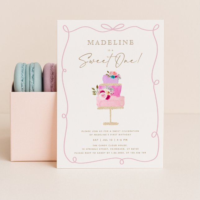 Convite Whimsical Wavy Frame Pink Cake First Birthday  (Criador carregado)