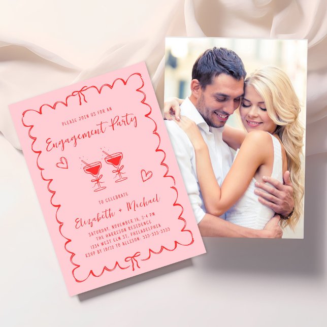 Convite Whimsical Wavy Frame Pink Photo Engagement Party (Criador carregado)