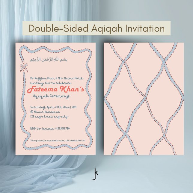 Convite Whimsical wavy of Blush Pink and Soft Blue Aqiqah (Criador carregado)