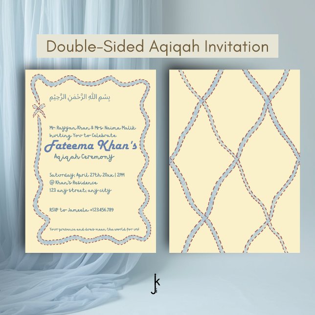 Convite Whimsical Wavy of Light Yellow Soft Blue Aqiqah (Criador carregado)