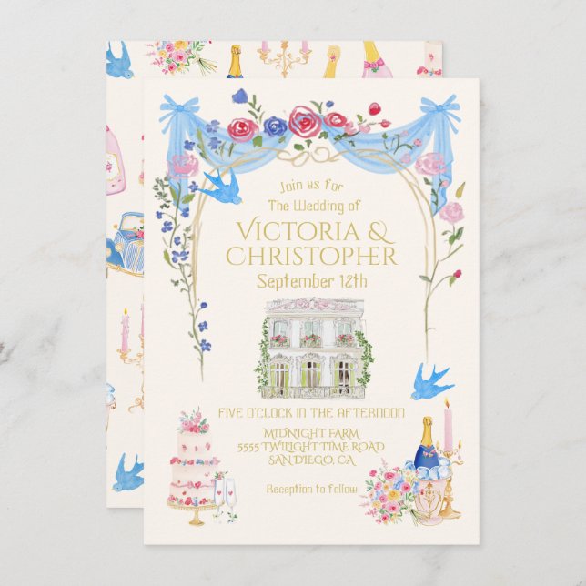 Convite Whimsical Wedding French Chateau Mansion (Frente/Verso)