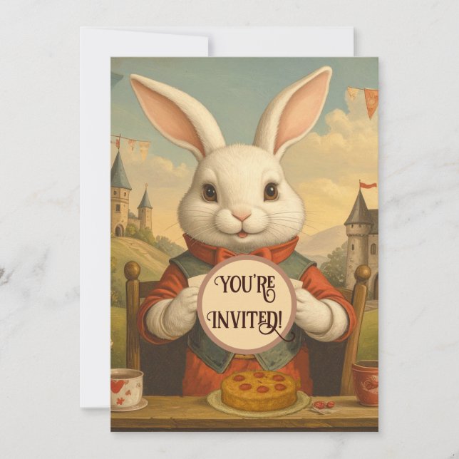 Convite Whimsical White Rabbit Hearts Enchanted Wonderland (Frente)