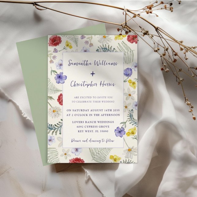 Convite Whimsical Wildflower Ecru & Sage Wedes (Criador carregado)