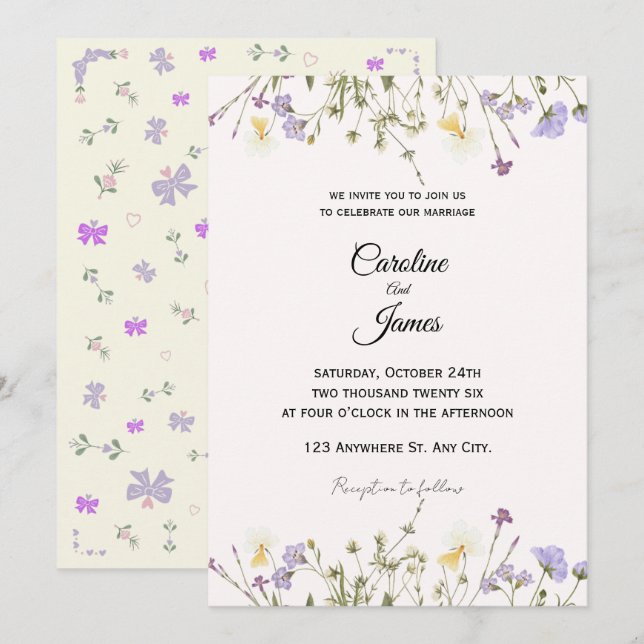 Convite Whimsical Wildflower Meadow Border Wedding  (Frente/Verso)