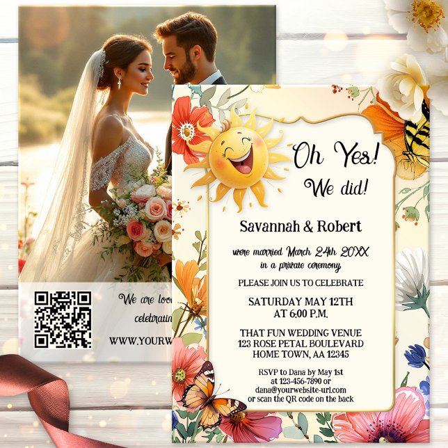 Convite Whimsical Wildflower Wedding Reception Photo (After wedding invitation features a laughing sun on a watercolor wildflower design. With photo + QR)