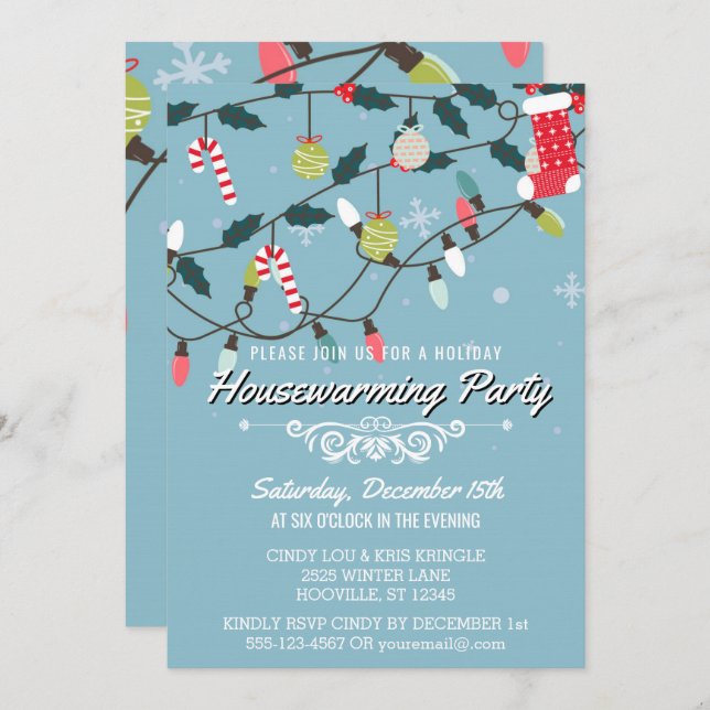 Convite Whimsical Winter Holiday Blue Housearming Party (Frente/Verso)