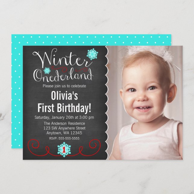 Convite Whimsical Winter Onederland Foto Red Birthday (Frente/Verso)