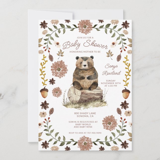 Convite Whimsical Woodland Bear Baby Shower (Frente)