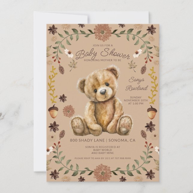 Convite Whimsical Woodland Teddy Bear Baby Shower (Frente)