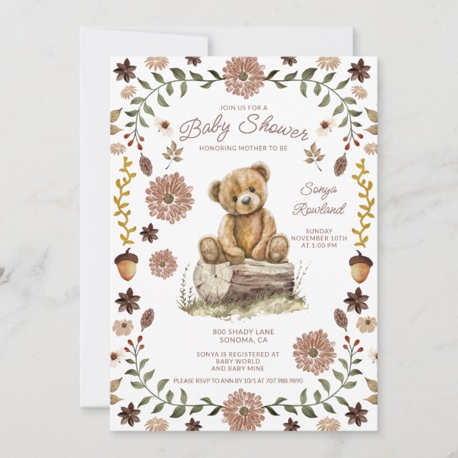 Convite Whimsical Woodland Teddy Bear Baby Shower (Frente)