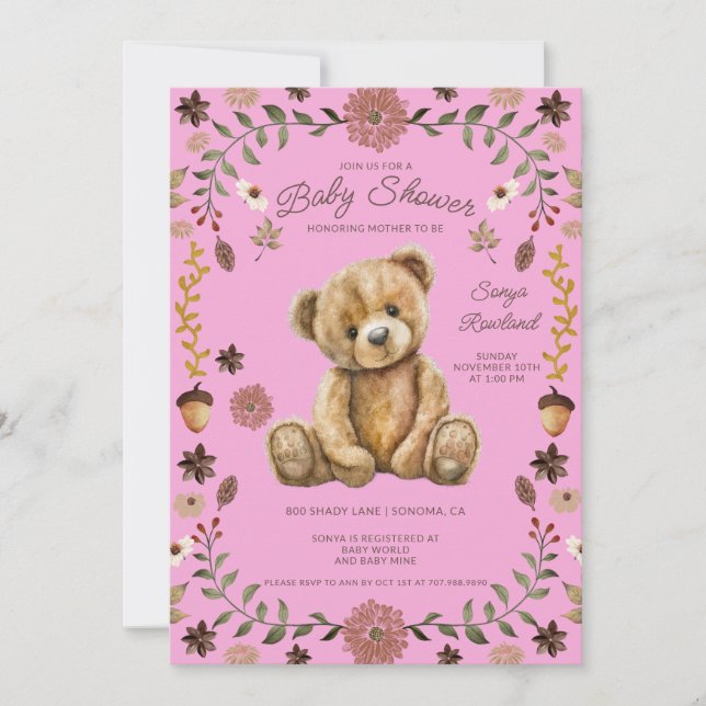 Convite Whimsical Woodland Teddy Bear Pink Baby Shower (Frente)