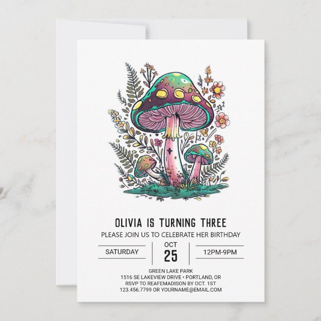 Convite Whimsical Woods Digital Mushroom Aniversário (Frente)