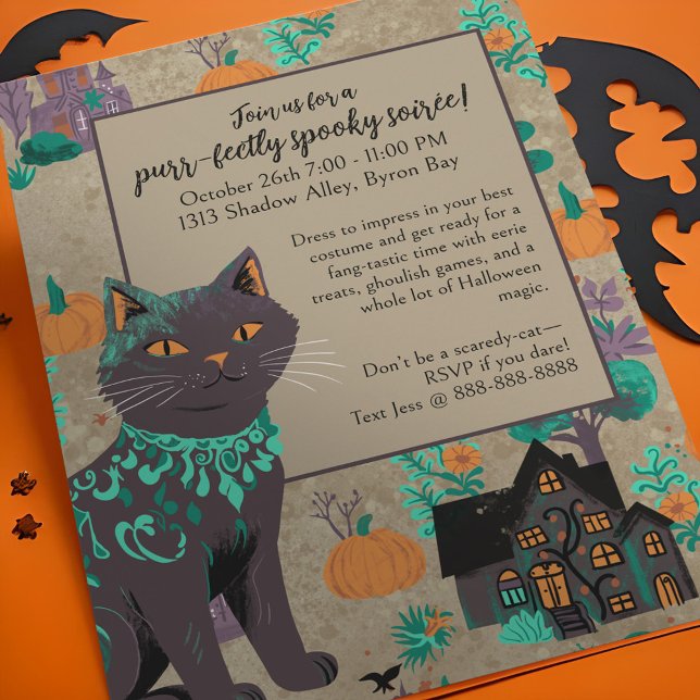 Convite Whimssic Black Cat Rustic Neutral Green Halloween (Whimsical black cat halloween party invitation with orange green & purple pops on rustic neutral.)