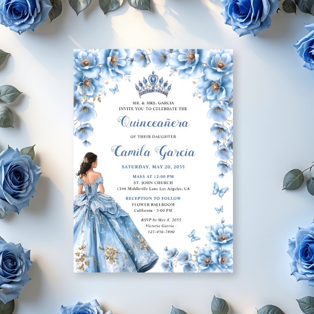 Convite Whimsso Floral Dusty Azul Tiara Quinceañera (Criador carregado)