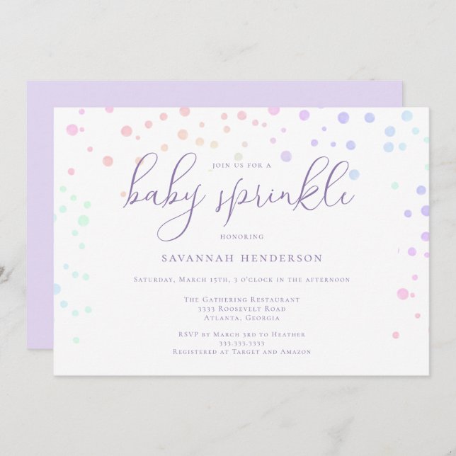 Convite Whimsso Purple Watercolor Confetti Baby Sprinkle (Frente/Verso)