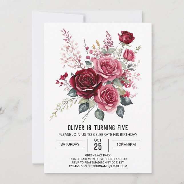 Convite Whimsy Printable Burgundy Floral Birthday (Frente)