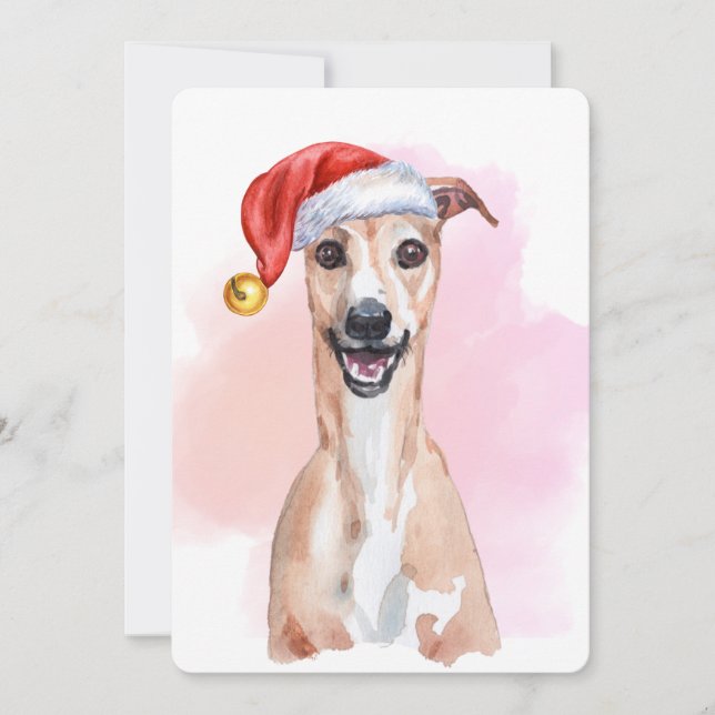 Convite Whippet Christmas Card – Whippet Wearing Santa Hat (Frente)
