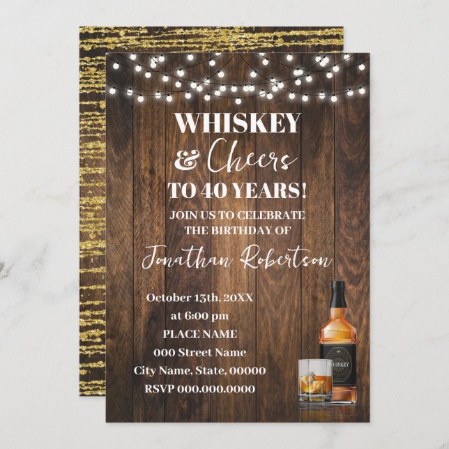 Convite Whiskey & Cheers Western Adult Birthday Party (Frente/Verso)