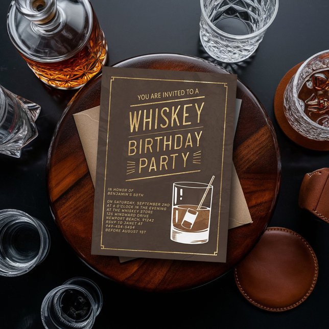 Convite Whiskey Faux Dourado Leather Elegante 50º Aniversá (whiskey 50th birthday party invitation men husband partner elegant tasting modern classy)