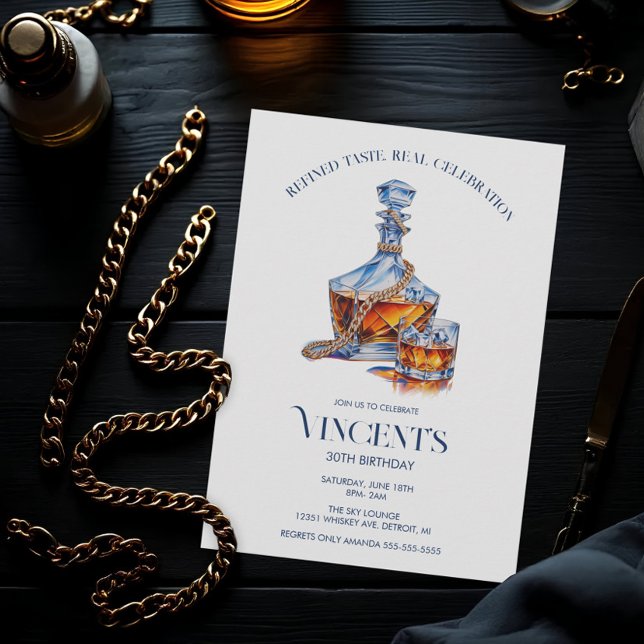 Convite Whiskey & Gold Cuban-Link Chain Men’s Birthday (Men's Whiskey and Gold Cuabn Link Invitation)