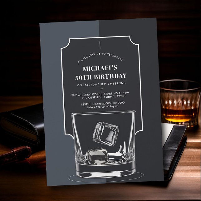 Convite Whiskey Lover Black Cinza moderna 50º aniversário (whiskey lover 50th birthday invitation men modern minimalist elegant black white modern)