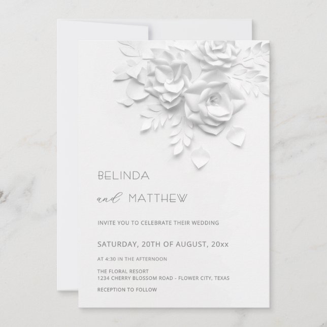 Convite White 3D Flowers Roses Minimalist Wedding Invitati (Frente)