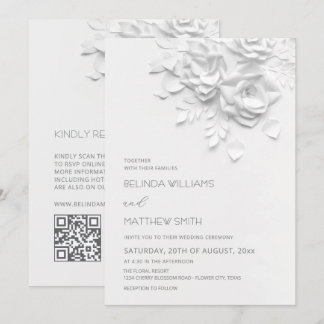 Convite White 3D Flowers Roses Simple Wedding