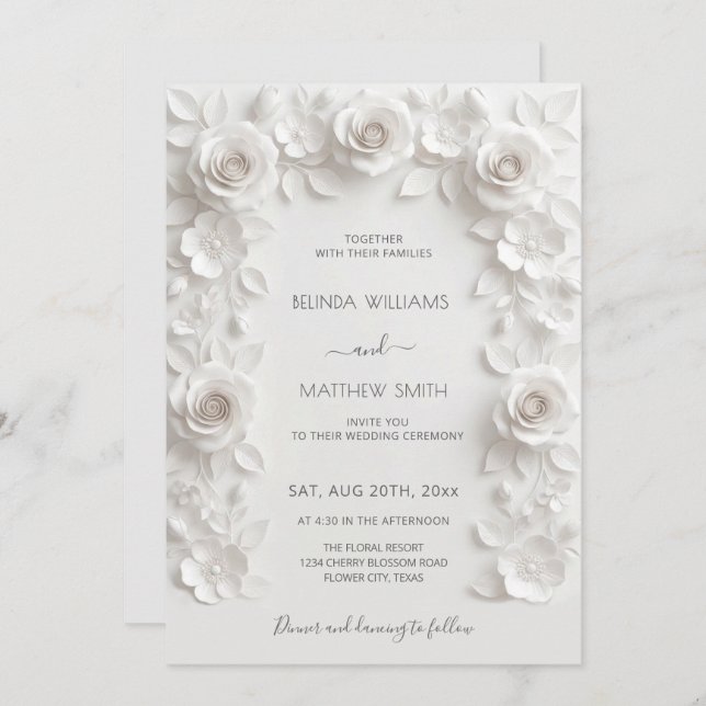 Convite White 3D Roses Frame Wedding Minimalist (Frente/Verso)