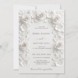 Convite White 3D Roses Frame Wedding Simple
