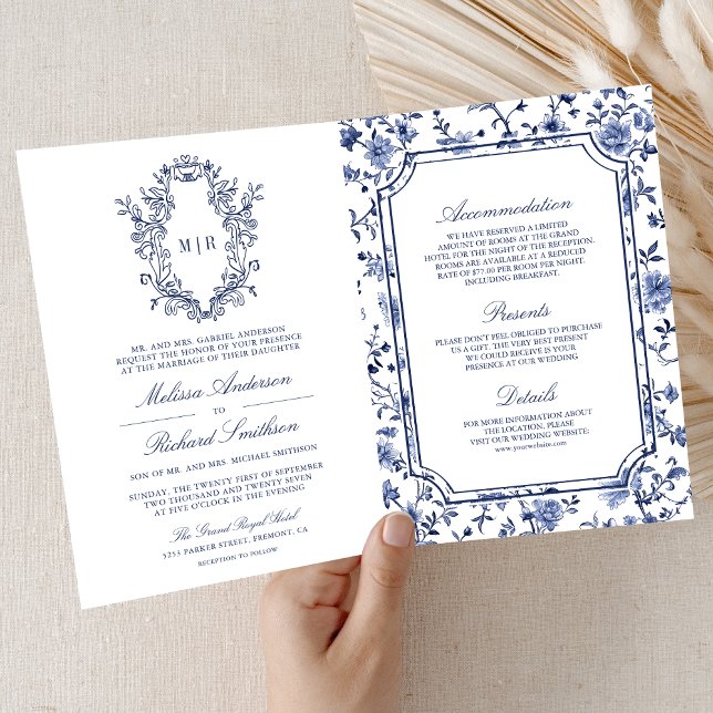 Convite White and Blue Chinoiserie Crest QR Code Wedding (Criador carregado)