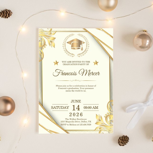 Convite White and Gold Elegant Graduation Party (Graduation Invitation)