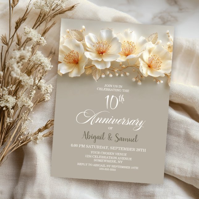 Convite White and Gold Floral 10th Wedding Anniversary (Criador carregado)