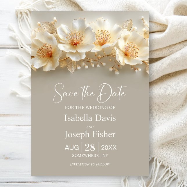 Convite White and Gold Floral Wedding Save the Date (Criador carregado)