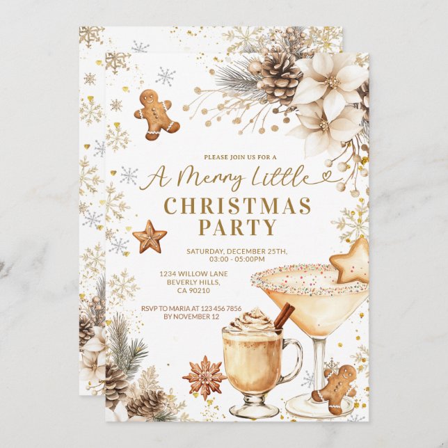 Convite White and Gold Holiday Cocktail Party Invitation (Frente/Verso)
