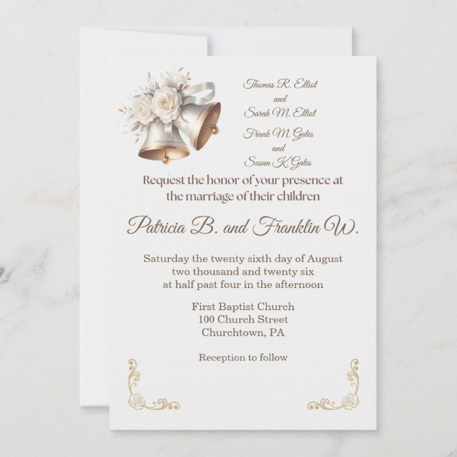 Convite White and Gold Wedding Bells Wedding Invitation (Frente)