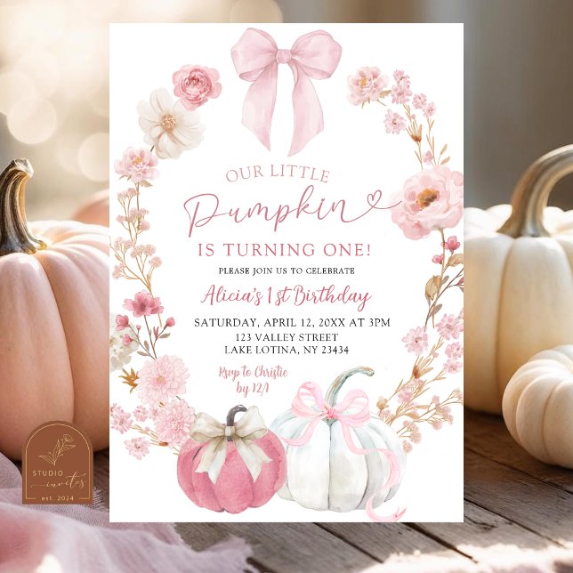 Convite White and Pink Bow Coquette Pumpkin 1st Birthday  (Criador carregado)