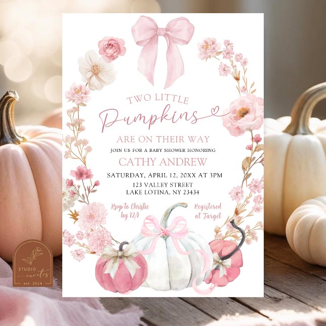 Convite  White and Pink Bow Coquette Twins Pumpkin Floral  (Criador carregado)