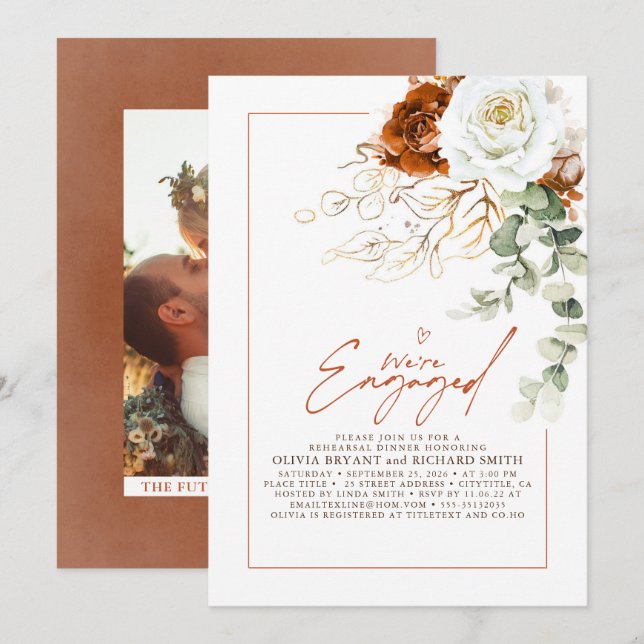Convite White and Terracotta Floral Engagement Party Photo (Frente/Verso)
