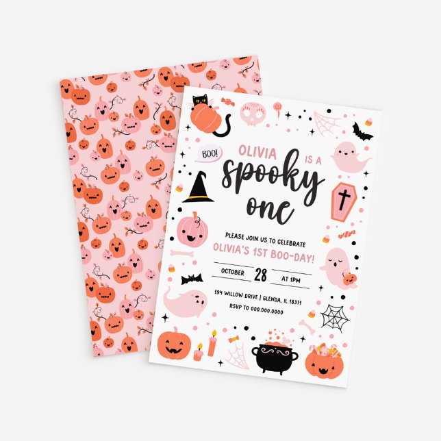 Convite White BG Pink and Orange Halloween 1st Birthday In (White BG Pink and Orange Halloween 1st Birthday Invitation)