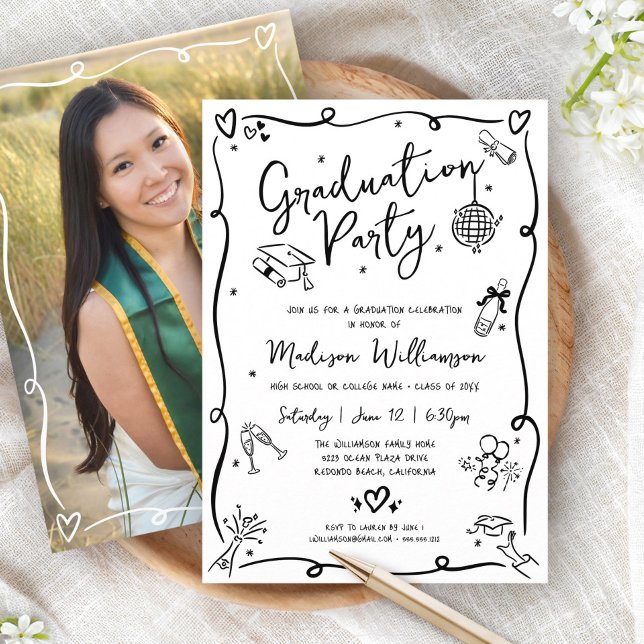 Convite White Black Hand Drawn Doodle Photo Graduate Party (Criador carregado)