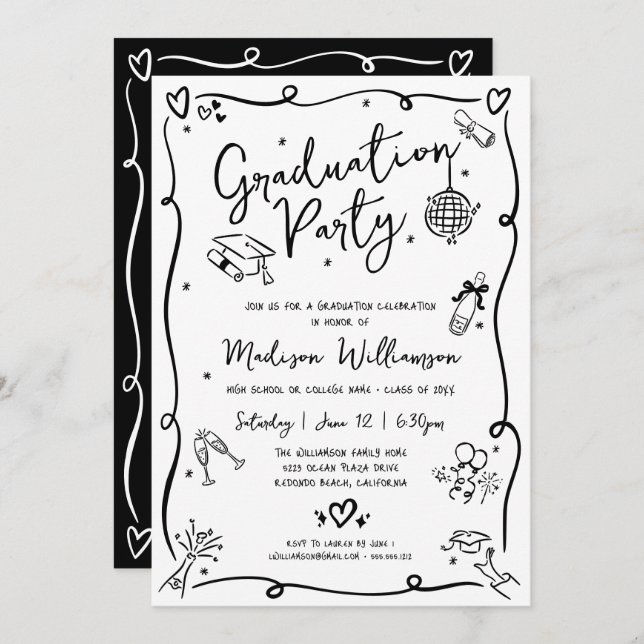 Convite White Black Hand Drawn Doodles Graduation Party (Frente/Verso)