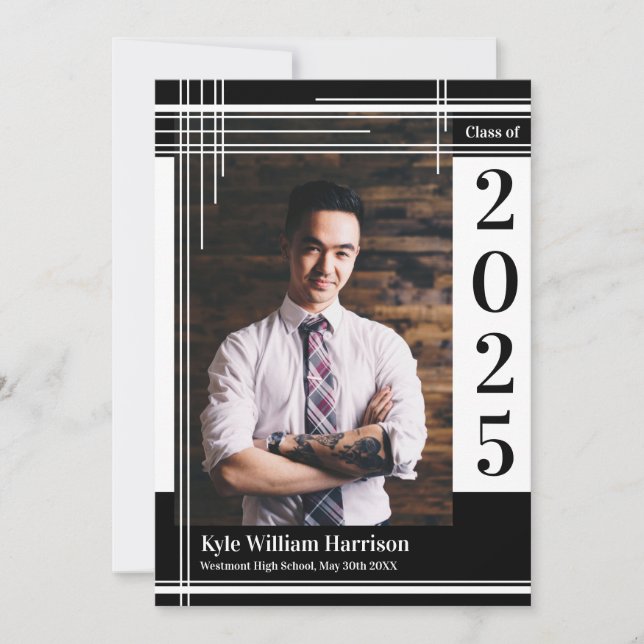 Convite White Black School Color Graduation Photo Plaid (Frente)