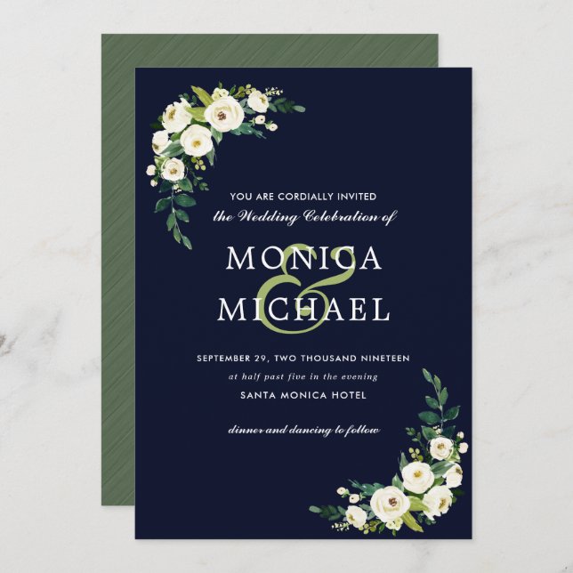 Convite White Bloom | Blue Floral Botanical Corner Wedding (Frente/Verso)