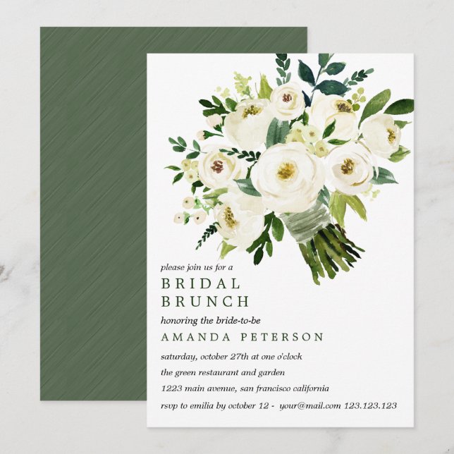 Convite White Bloom | Bridal Bridal Buquê Brunch (Frente/Verso)