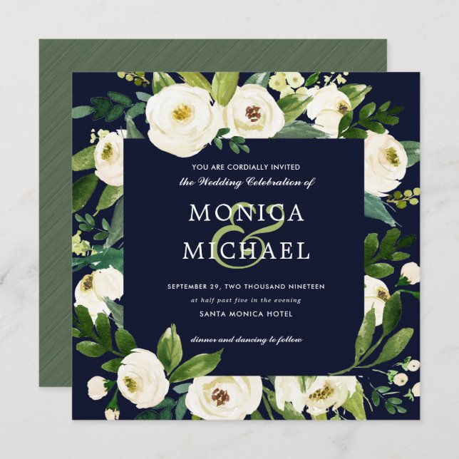 Convite White Bloom | Casamento Botânico Floral Azul (Frente/Verso)