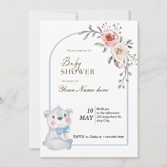 Convite White Blue Bear Baby Shower (Frente)